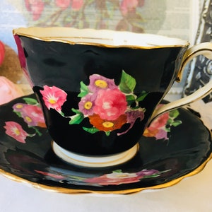 Paragon Teacup and Saucer Black and Pink Antique with Roses and Flowers, Art Deco Set, Double Warrant, Vintage English Tea Set