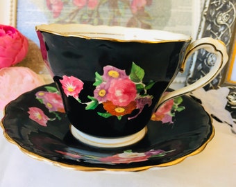Paragon Teacup and Saucer Black and Pink Antique with Roses and Flowers, Art Deco Set, Double Warrant, Vintage English Tea Set