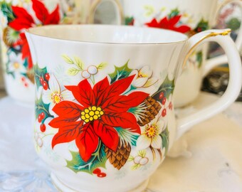 Royal Albert Poinsettia Coffee or Tea Mug, Christmas China, Vintage English Tea or Coffee Lover Gift Set, Tea Drinker Gift