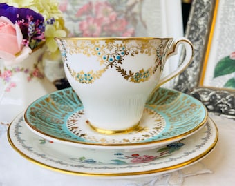 Pink Rose and Bird Floral Mismatched Tea Set with Blues and Golds, Vintage English China, Housewarming Gift Idea, Tea Drinker Gift