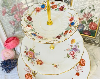 Royal Crown Derby Mismatched 3 Tiered Cake Stand, Blue, Orange and Gold Trim Pink Floral Plates, Vintage English Tea Party or Housewarming