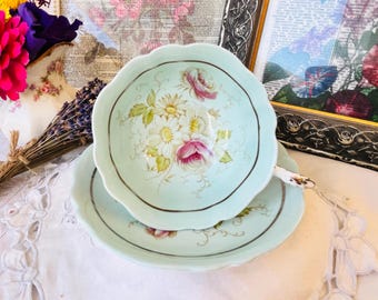 Paragon Teacup and Saucer Blue with Large Pink Cabbage Rose, Double Warrant in a Wide Mouth, Vintage English Tea Set, Tea Drinker Gift