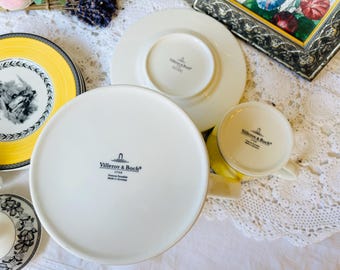 Villeroy & Boch Audun Ferme Coffee Pot, Yellow Mugs, Dessert Plate