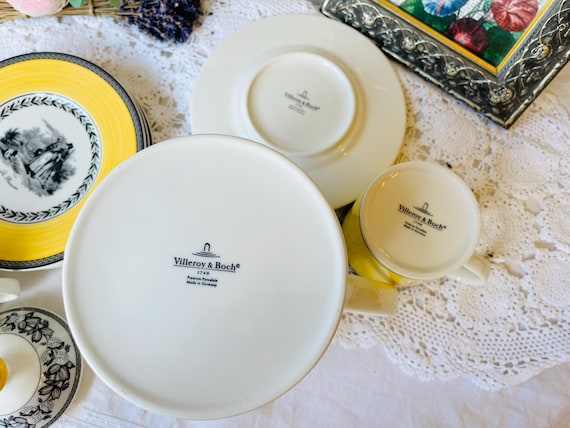 Villeroy & Boch Audun Ferme Coffee Pot, Yellow Mugs, Dessert Plate