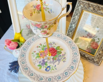 High Tea with Royal Albert and Minton with Blues and Pinks 3 Tier Cake Stand, Bonus Top Teacup Tier, Vintage Bridal or Wedding Gift