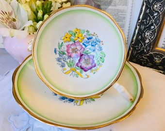 Royal Albert Green Ribbons and Floral Teacup and Saucer, English Tea Set, Vintage 1950s, 1960s, Birthday or Mother's Day Tea Gift