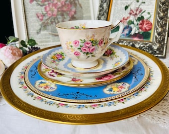 Vintage Place Setting with Mismatched Teacup, Saucer, Bread, Lunch, and Dinner Plates, Coalport in pretty Pinks, Blues, Purples and Gold