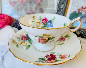 Hammersley Sweet Pea in Pink and Purple Teacup and Saucer, Bright Spring Floral, Gold Trim, Gift for Her