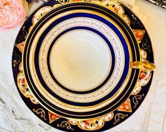 Royal Albert and Aynsley Cobalt Blue Corset Teacup, Saucer and Imari Plate, Mix and Match Vintage Tea Set