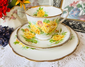 Royal Albert Tea Rose Teacup, Saucer, and Plate, Yellow Cabbage Roses, Vintage English China Tea Set, Gift for Her