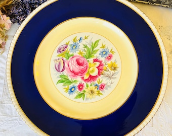 Cobalt Blue and Gold Simpsons Ambassador Ware Dinner Plate, Home Decor, Cabbage Rose Floral Wall Plate Idea, Hostess Gift for Her