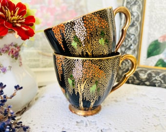 Black and Gold Demitasse Espresso Cups with Gold Interior, Bright Orange and Green Painted Flowers, Halloween Decor