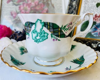 Royal Albert Cape Breton Tartan, Vintage Teacup and Saucer, Canada Day Gift, Tartan Scarf, Gold Trim, Provincial Teacup