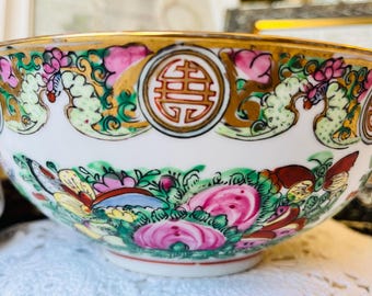 Famille Rose Bowl, Vintage Chinese Porcelain with Floral & Bird Motif, Hand-Painted Made in China, Asian Decor Collectible