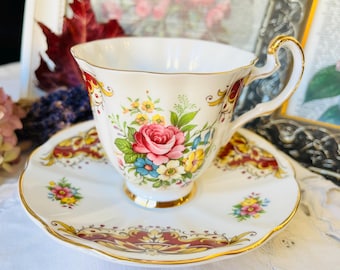 Adderley Teacup and Saucer Burgundy Red and Gold Floral with Pink Cabbage Rose, Made in England, Collectible Tea Cup, Christmas Gift