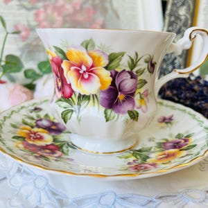 Queens Purple and Yellow Pansies Teacup and Saucer, Vintage China with Spring Flowers
