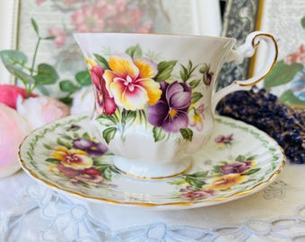 Queens Purple and Yellow Pansies Teacup and Saucer, Vintage China, Springtime Blooms Hostess or Mother's Day Gift