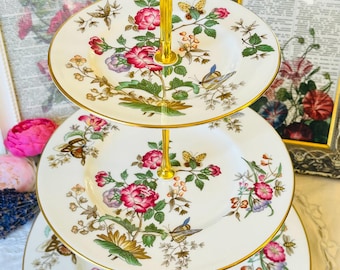 Tiered Cake Stand Wedgewood Pink Floral Butterflies and Bees in Charnwood Pattern, English Tea Party, Vintage Housewarming Gift