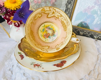 Orchard Fruit and Gold Teacup Saucer and Plate, Vintage Mix and Match, Sugar Plum, Berries Tea Set, Tea Drinker Gift
