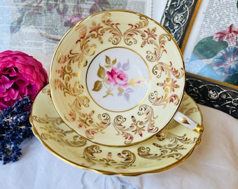 Paragon Tea Cup and Saucer Pastel Yellow and Gold with Pink Rose and Gold Leaves, Vintage English Tea Set, Elegant Birthday Gift for Her