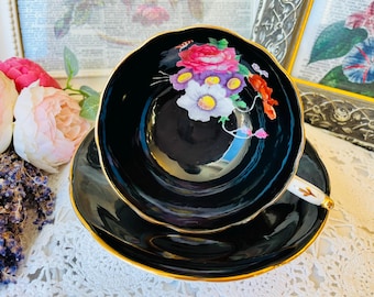 Black Paragon Teacup and Saucer with Bright Pink and White Painted Floral, Double Warranted