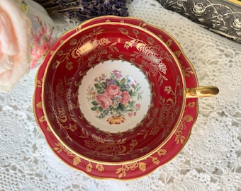 Red and Gold Teacup and Saucer with Pink Rose Floral, Gold Chintz,  EB Foley Vintage English Tea Set for Christmas