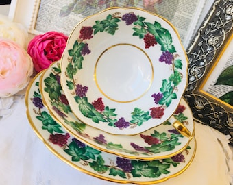 Paragon Teacup, Saucer, and Plate Niagara Pattern with Red and Purple Grapes, Green Vine, Vintage English Tea Set, Wine Lover Gift Idea