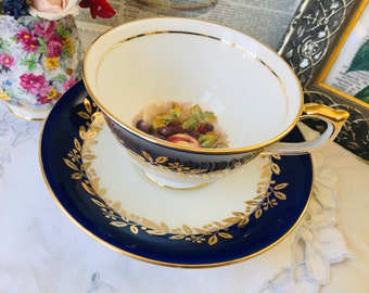 Aynsley Cobalt Blue and Gold Teacup and Saucer, Signed Orchard Fruit, Collector Cabinet Cup, Harvest Fruits, Elegant Mother's Day Gift Idea