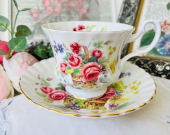 Basket of Flowers Royal Albert Pink Roses Teacup and Saucer, Vintage English Tea Gift for Her, Pretty Birthday Gift for Her