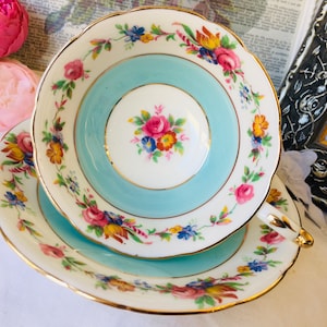 Double Warrant Paragon Aqua Blue TeaCup and Saucer with Pink Floral, English Tea Set, Vintage House Warming Gift for Her