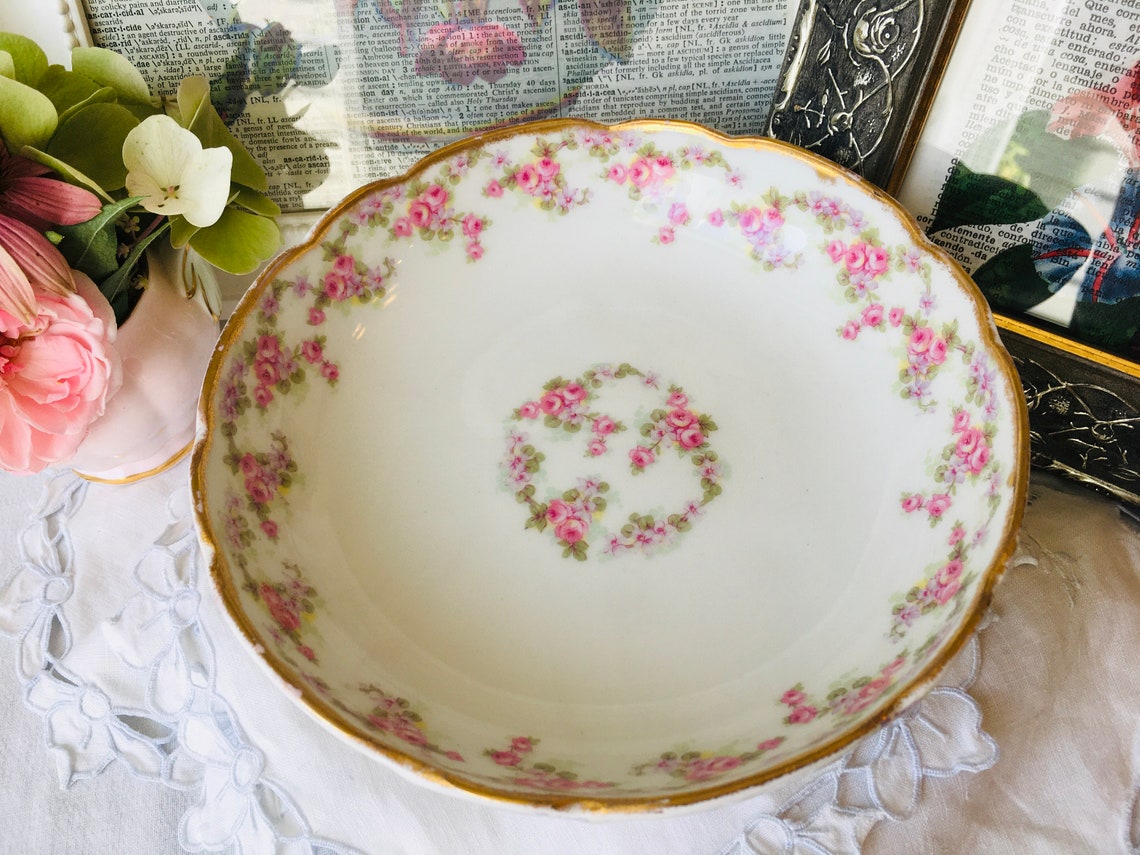 Antique Limoges Footed Bowl With Bridal Rose Wreath Pink and Etsy