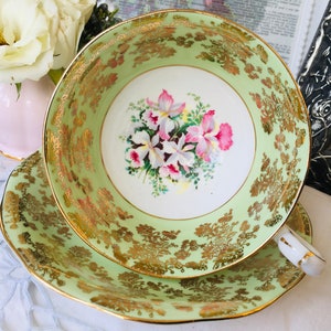 Green and Gold Chintz Queen Anne Teacup and Saucer with Pink Orchids, Vintage English Tea Set