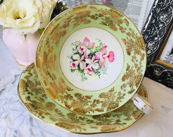 Green and Gold Chintz Queen Anne Teacup and Saucer with Pink Orchids, Vintage English Tea Set, Tea Drinker Gift