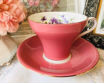 Pink Teacup and Saucer - Aynsley Corset with Sweet Purple Violets, Vintage China English Tea Set, Christmas Gift Idea, Tea Drinker Gift