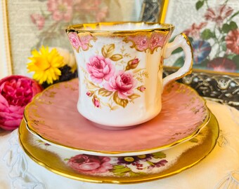 Pink Roses and Gold Mismatched English Tea or Espresso Set, Hammersley Teacup, Aynsley Saucer and Foley Plate, Vintage Housewarming Gift