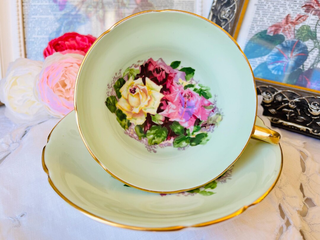 Rare Stanley Three Roses Teacup and Saucer Green Wide Mouth With Heavy ...