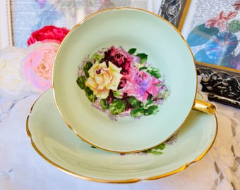 Rare Stanley Three Roses Teacup and Saucer Green Wide Mouth with Heavy Gold Trim, Cabinet Cup, English Tea Set, Mother's Day Gift for Her