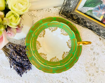 Vintage Royal Stafford Green & Gold Filigree Teacup Set