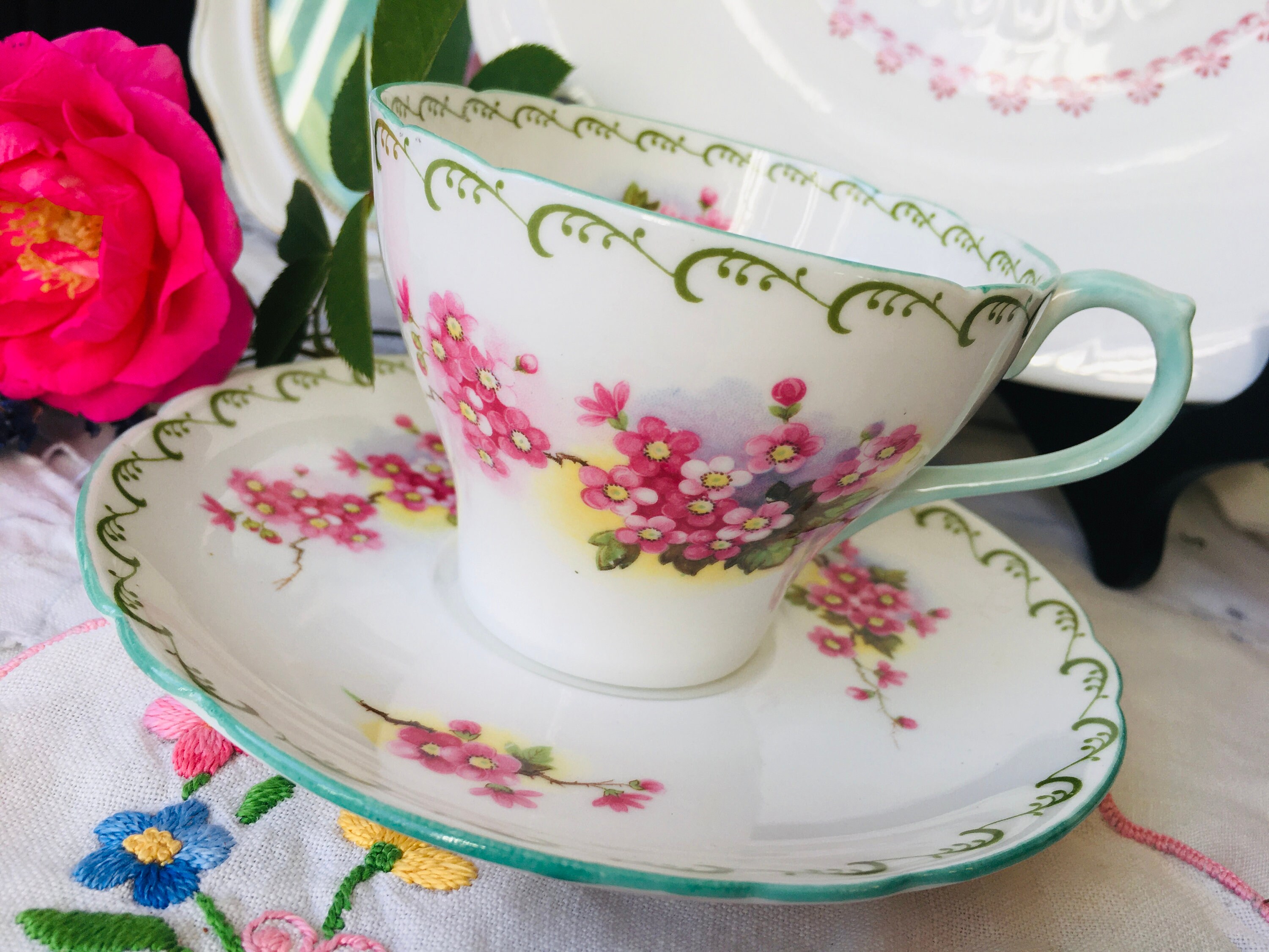 Shelley Mint Green and Pink Cherry Blossoms Teacup and Saucer Etsy Canada