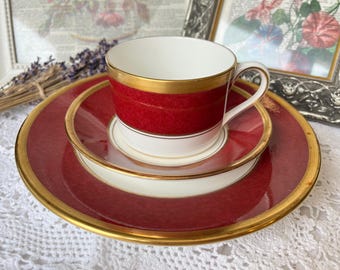 Coalport Teacup, Saucer, and Plate, Athlone Burgundy Red and Gold Trim Vintage Christmas Tea Gift, Holiday Home Decor, English Tea Set Gift