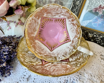 Royal Stafford Pink Gold Wide Mouth Tea Cup and Saucer, Gold Chintz Trim, Floral, Springtime Tea, Bridal Shower, Birthday Gift for Her