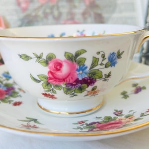 Staffordshire Teacup and Saucer with Pink Floral Bouquets, Vintage English Tea Set, Springtime Floral