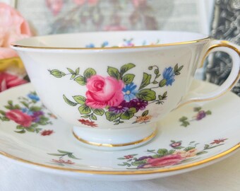 Staffordshire Teacup and Saucer with Pink Floral Bouquets, Vintage English Tea Set, Springtime Floral Mothers Day Gift