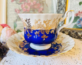 Royal Albert Cobalt Blue Teacup and Saucer, Gold Filigree, English China