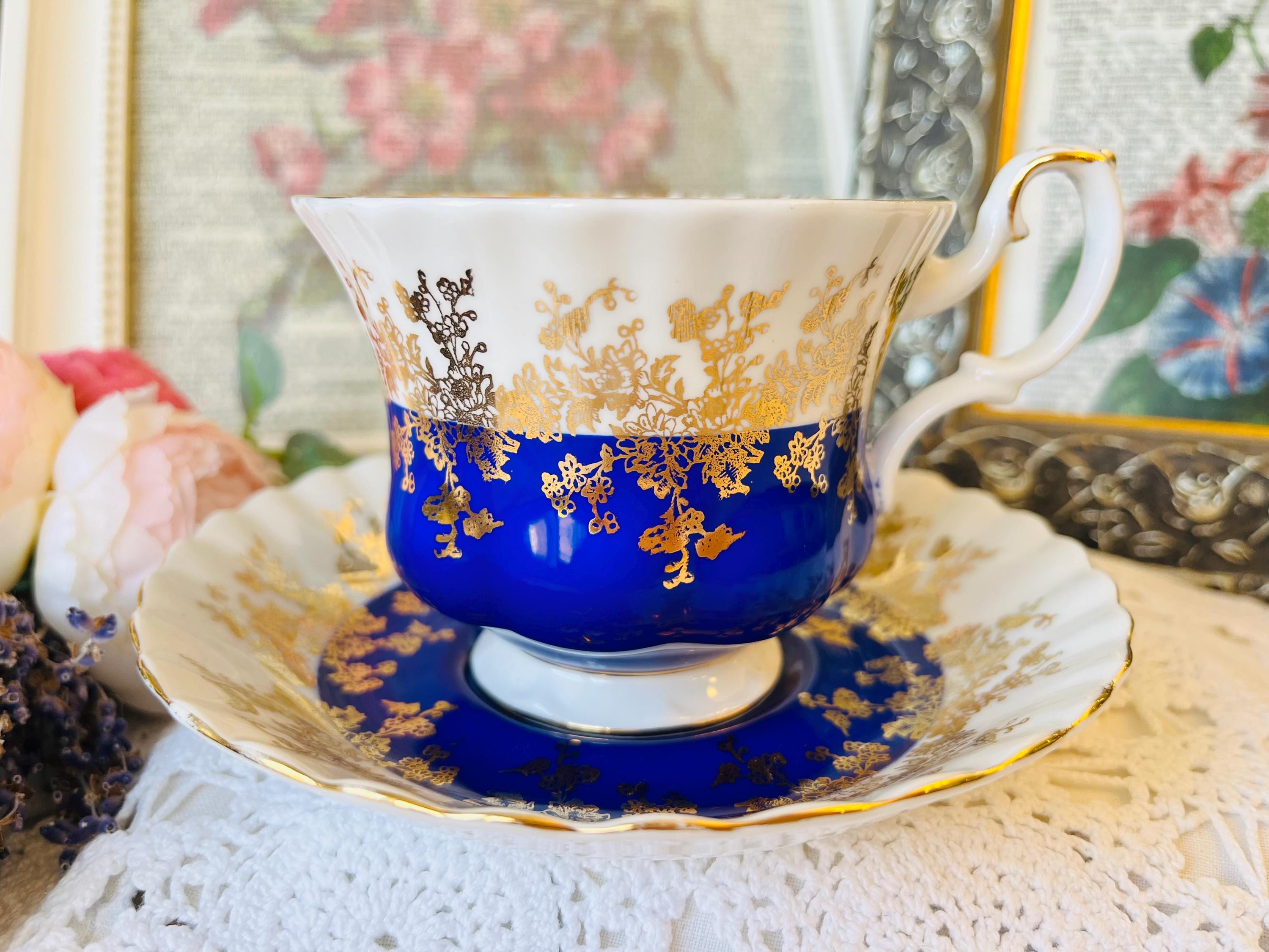 Royal Albert Cobalt Blue Teacup and Saucer, Gold Filigree, English 