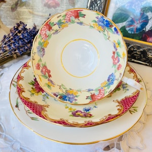 Teacup, Saucer and Plate By Aynsley and Minton, Pink and Blue Mismatched Tea Set, Vintage English China