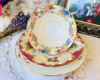 Teacup, Saucer and Plate By Aynsley and Minton, Pink and Blue Mismatched Tea Set, Vintage English China, Housewarming Gift Idea