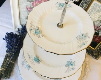 Spode Aqua Blue and Silver Trim 3 Tier Cake Stand, Blue and White Plates for Dessert, English Tea Party, Housewarming Gift