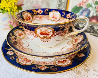 Royal Stafford Teacup Saucer and Plate Cobalt Blue Orange, and Gold, Antique English Tea Set, Halloween or Tea Party Decor