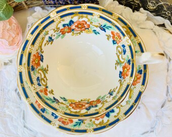 Royal Albert Teacup and Saucer, Royal Blue with Teal and Orange Flowers Trimmed in Gold, English Housewarming or Birthday Gift